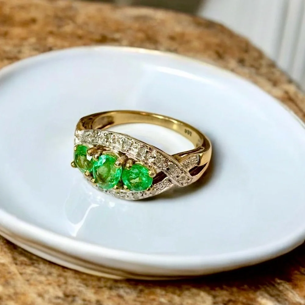 Vintage Emerald & Diamond Gold Over Sterling Silver Ring (7)